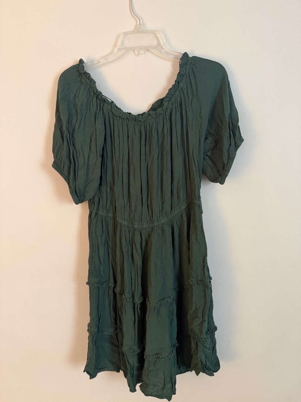 Green Short-Sleeve Tiered Dress (off shoulder or on)